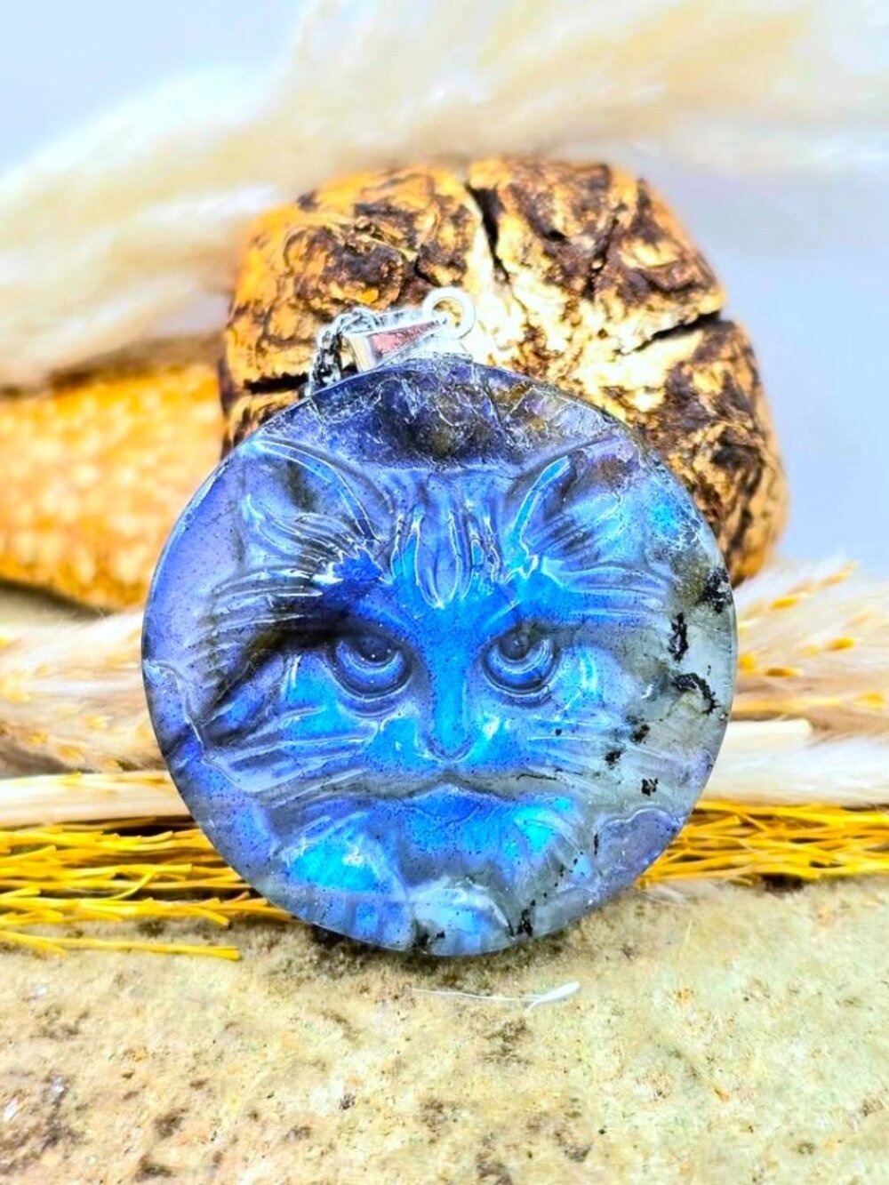 Natural Labradorite Flashy Cat Face Pendant Necklace • Stone Cat Crystal Pendant